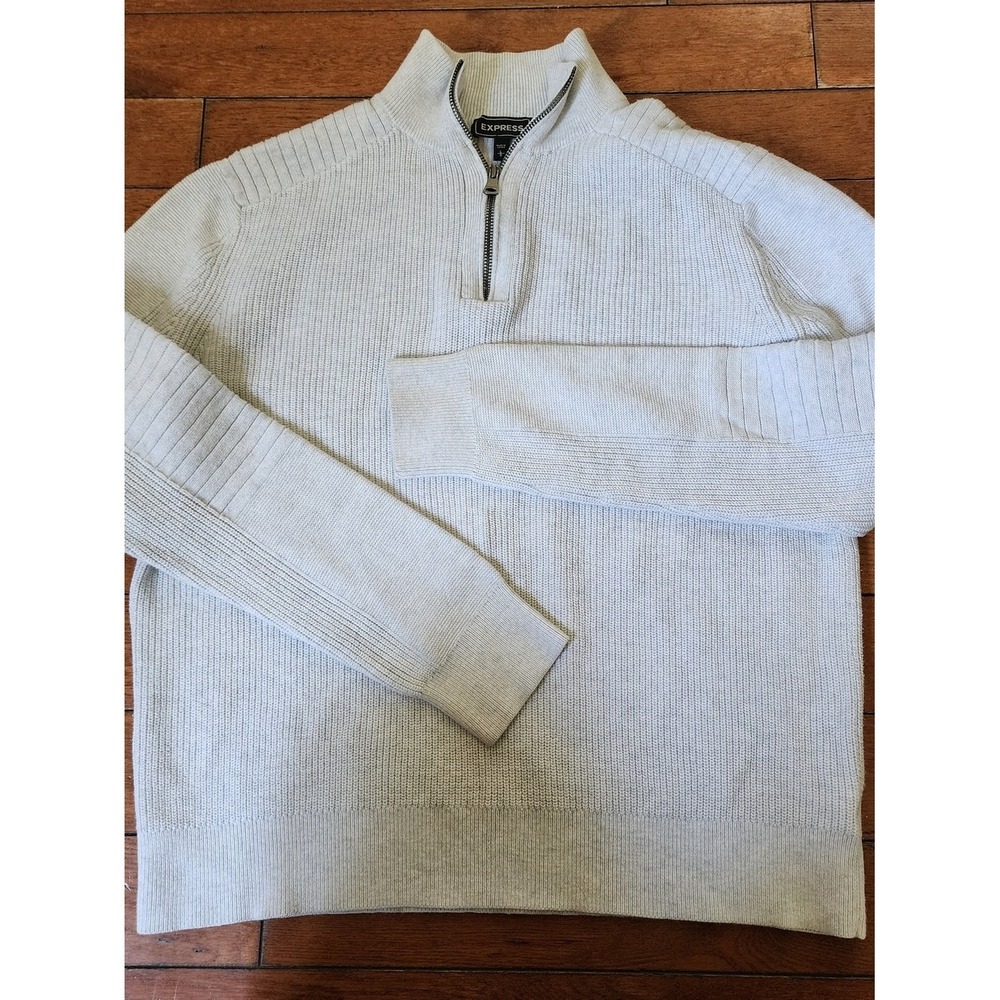 Express Quarter Zip Sweater Mens L Gray Ribbed Cotton Pullover Casual Layering